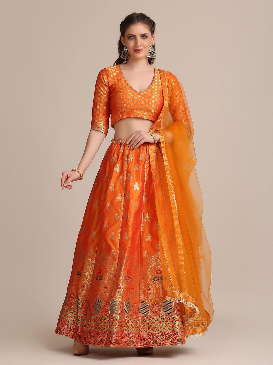 Warthy Ent Orange & Golden Semi-Stitched Lehenga & Unstitched Blouse With Dupatta Price in India