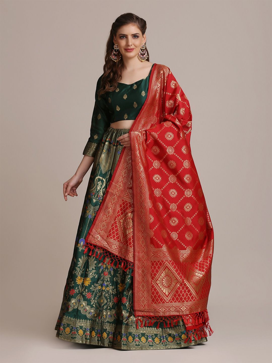 Warthy Ent Green & Red Semi-Stitched Lehenga & Unstitched Blouse With Dupatta Price in India
