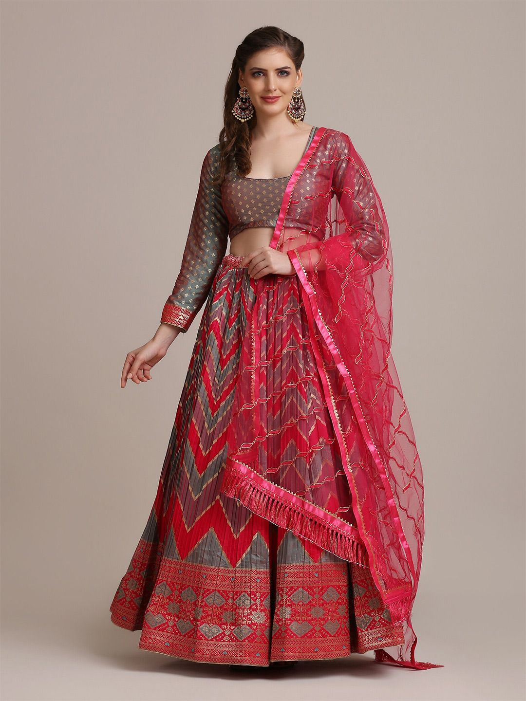 Warthy Ent Pink & Grey Semi-Stitched Lehenga & Unstitched Blouse With Dupatta Price in India