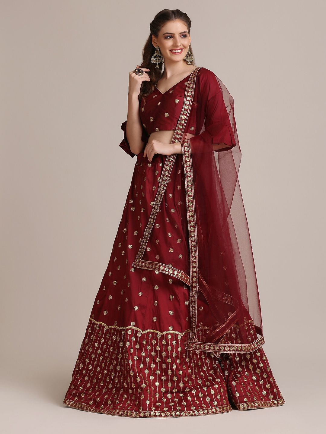 Warthy Ent Maroon & Gold-Toned Embroidered Thread Work Semi-Stitched Lehenga Set Price in India