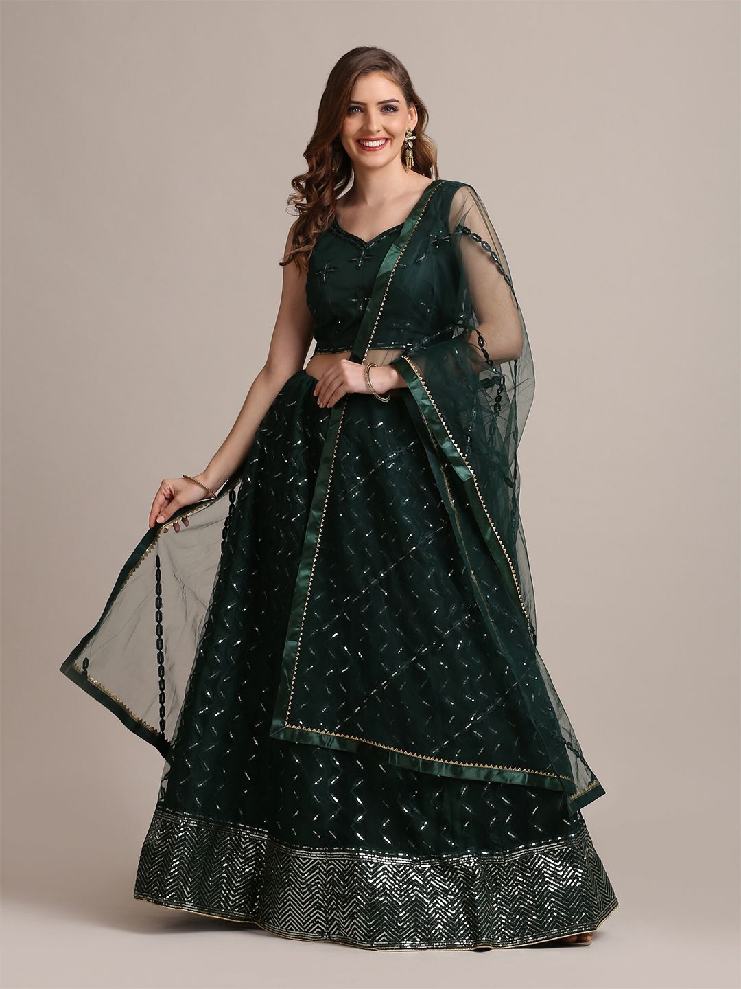 Warthy Ent Women Green Embellished Semi-Stitched Lehenga & Unstitched Blouse With Dupatta Price in India