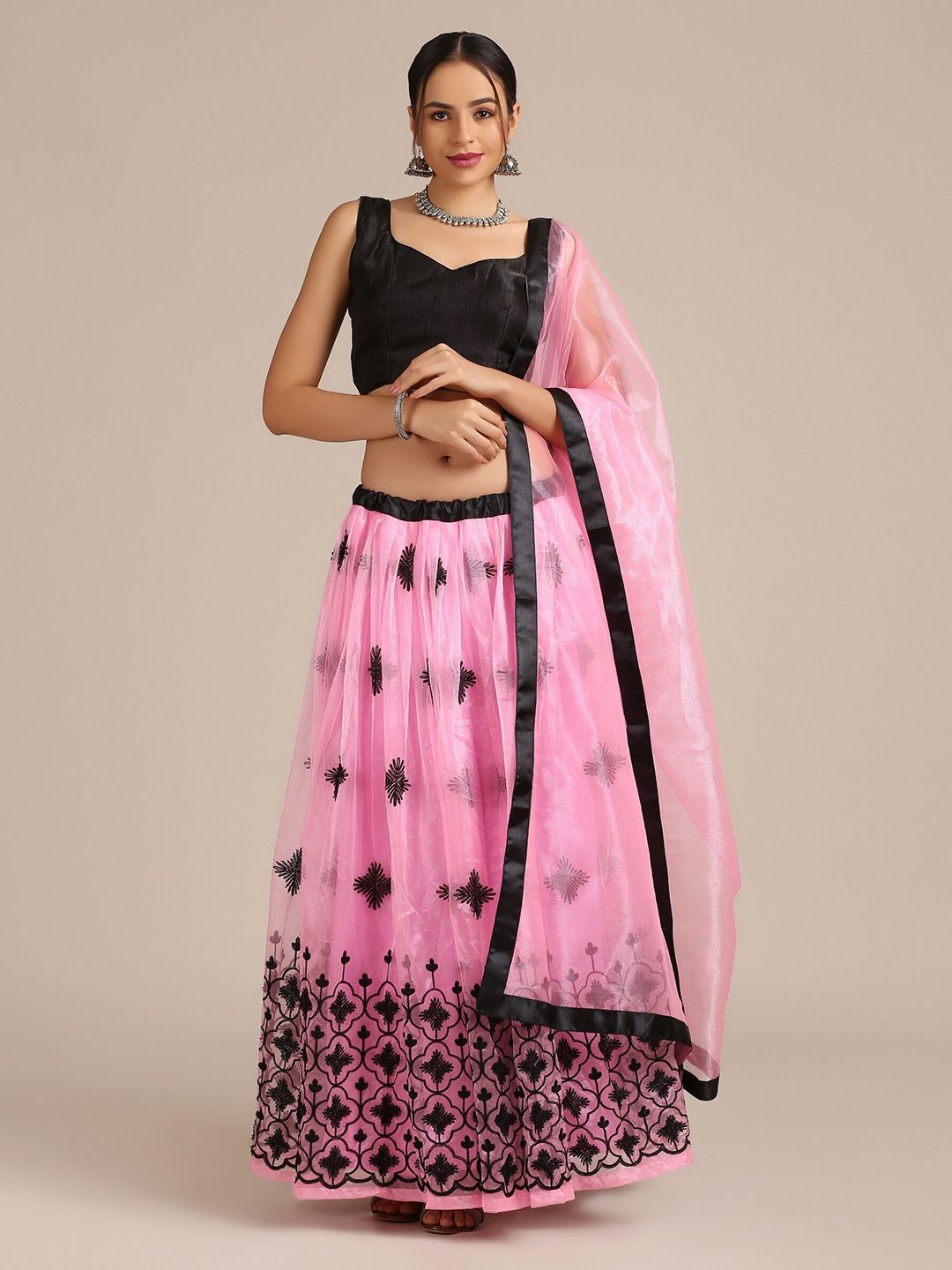 Warthy Ent Pink & Black Thread Work Semi-Stitched Lehenga & Unstitched Blouse With Dupatta