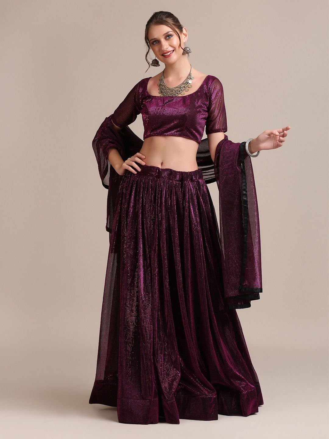 Warthy Ent Purple Embellished Thread Work Semi-Stitched Lehenga & Unstitched Blouse With Dupatta Price in India