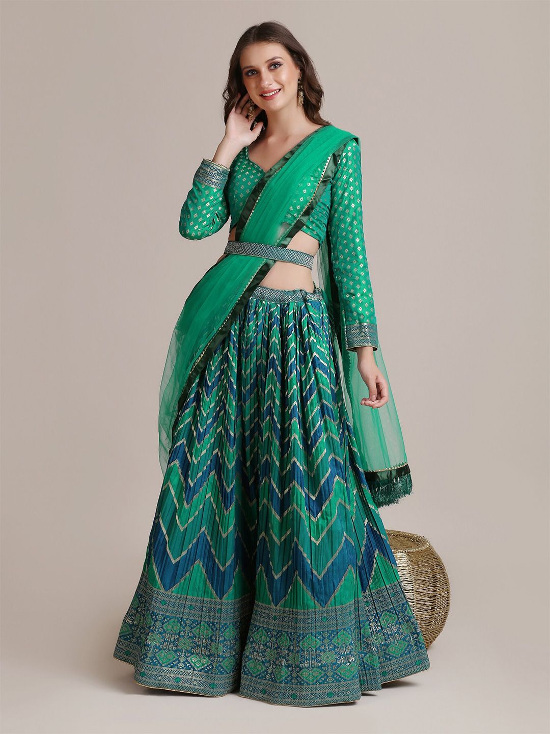 Warthy Ent Green & Blue Semi-Stitched Lehenga & Unstitched Blouse With Dupatta Price in India