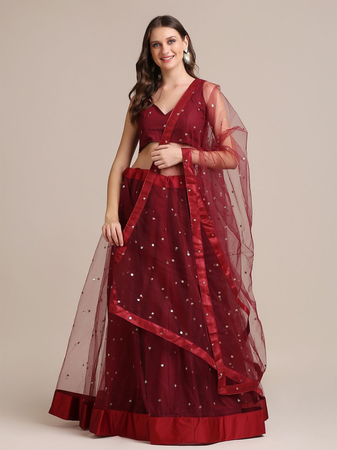 Warthy Ent Maroon & Silver-Toned Embellished Thread Work Semi-Stitched Lehenga Set Price in India