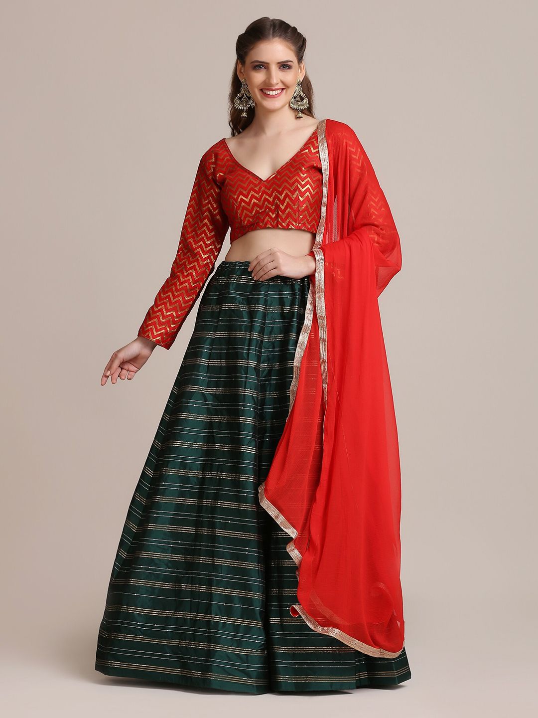 Warthy Ent Women Red & Green Semi-Stitched Lehenga & Unstitched Blouse With Dupatta Price in India