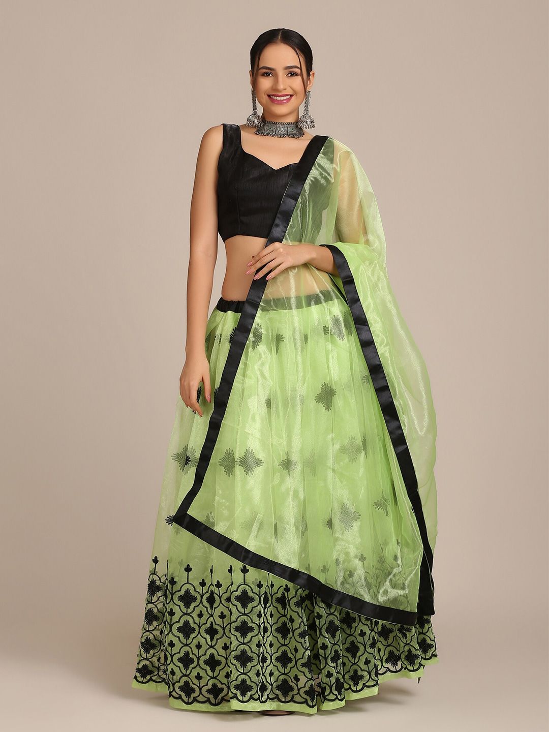 Warthy Ent Green & Black Thread Work Semi-Stitched Lehenga & Unstitched Blouse With Dupatta