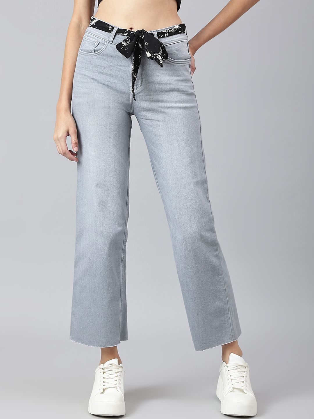 Xpose Women Grey Comfort Wide Leg High-Rise Stretchable Jeans With Satin Belt Price in India