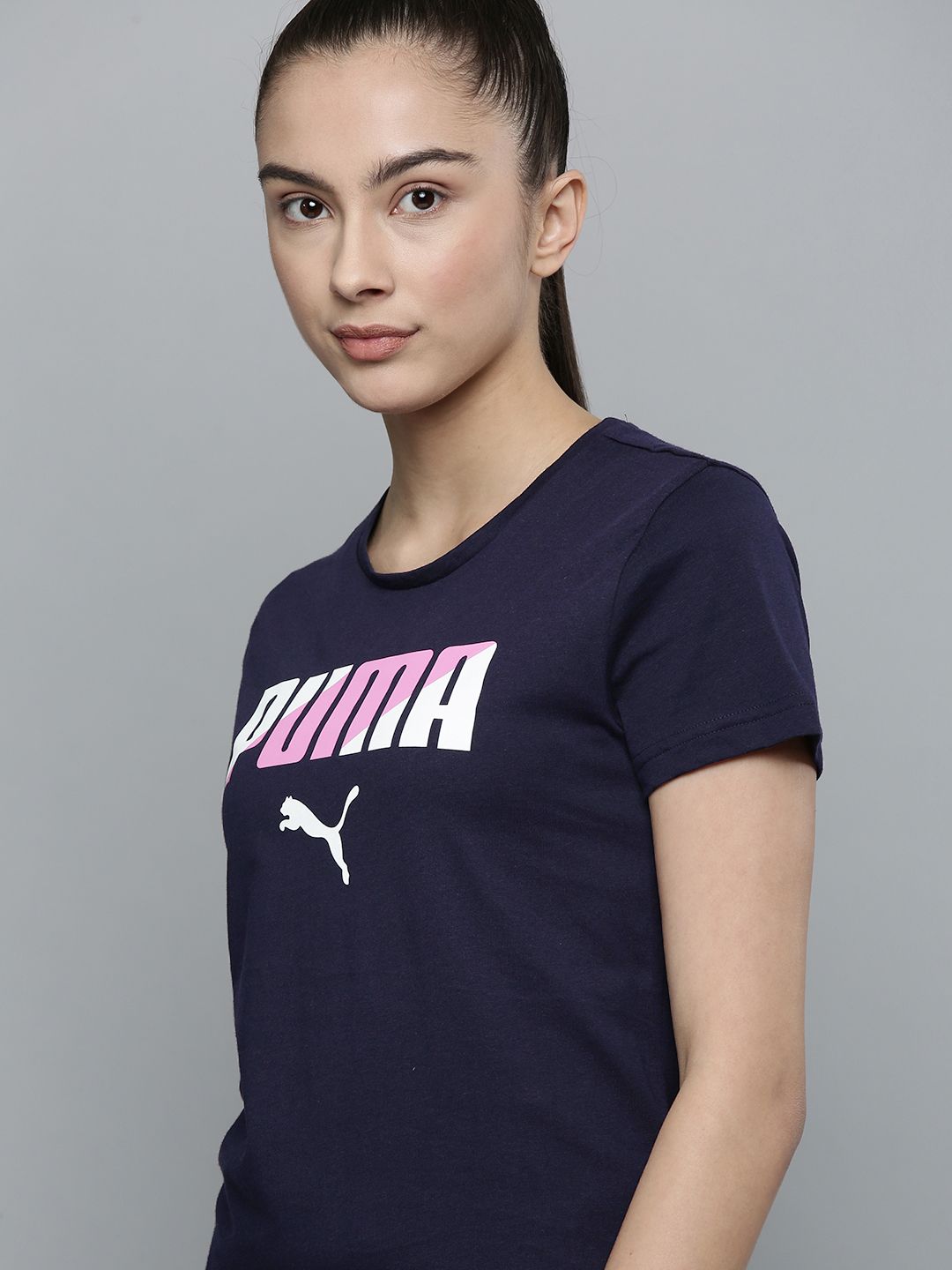 Puma Women Navy Blue Brand Logo Printed Pure Cotton T-shirt Price in India