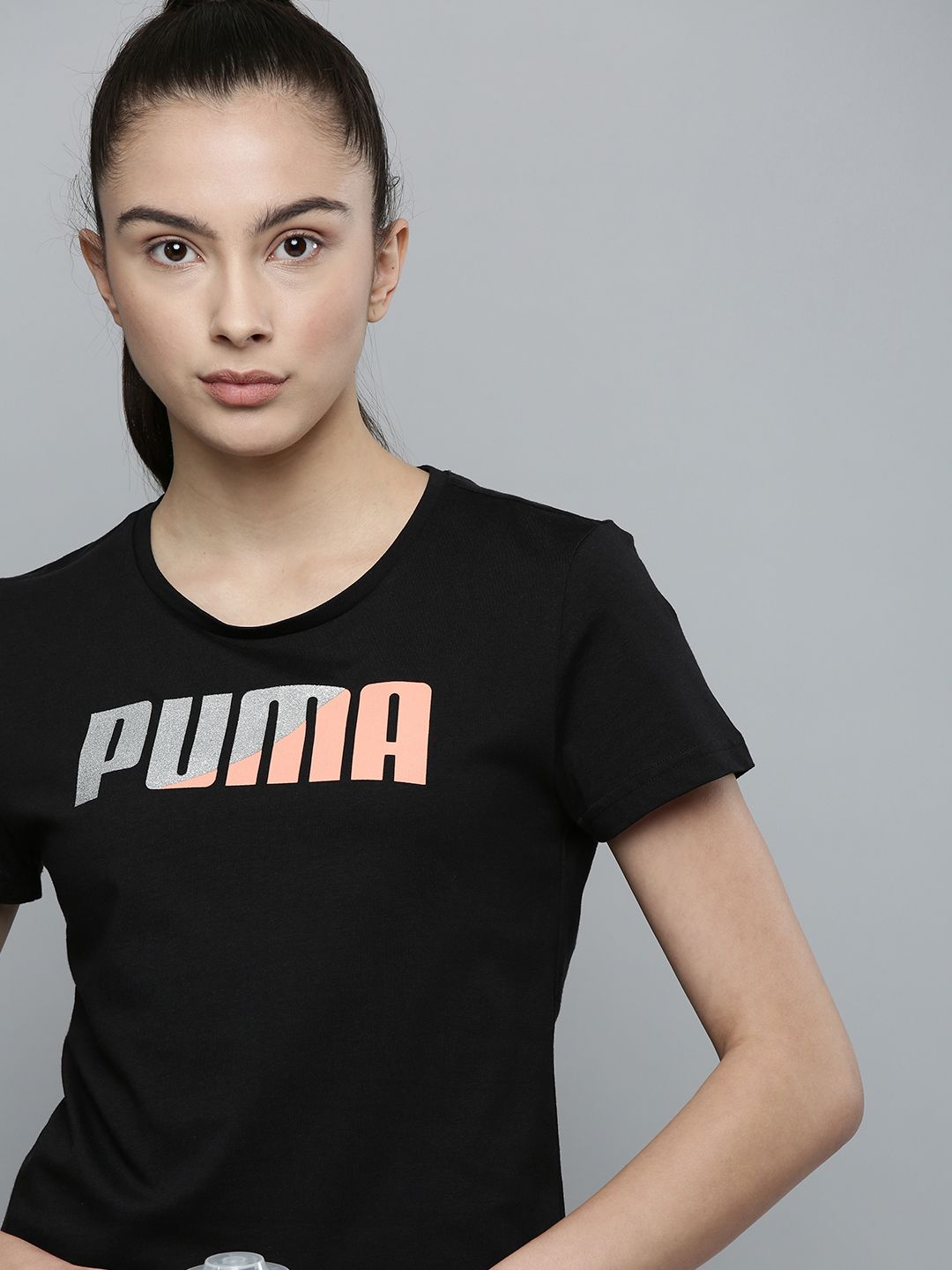 Puma Women Black Brand Logo Printed Pure Cotton T-shirt Price in India