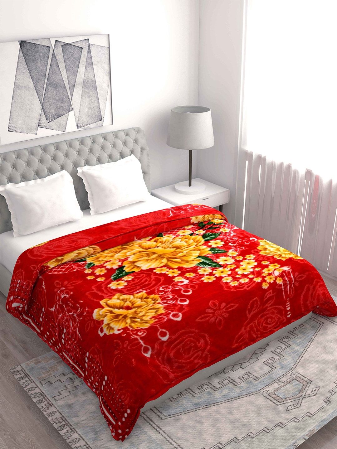 Spangle Red & Yellow Floral Microfiber Heavy Winter 500 GSM Double Bed Blanket Price in India