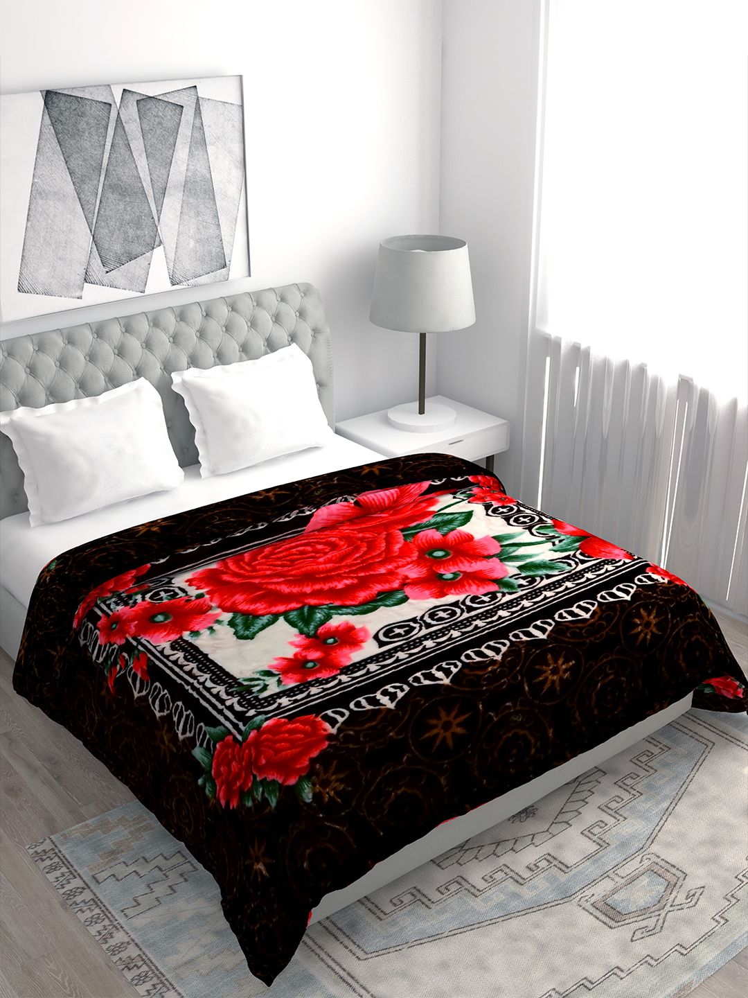 Spangle Brown & Red Floral Microfiber Heavy Winter 500 GSM Double Bed Blanket Price in India