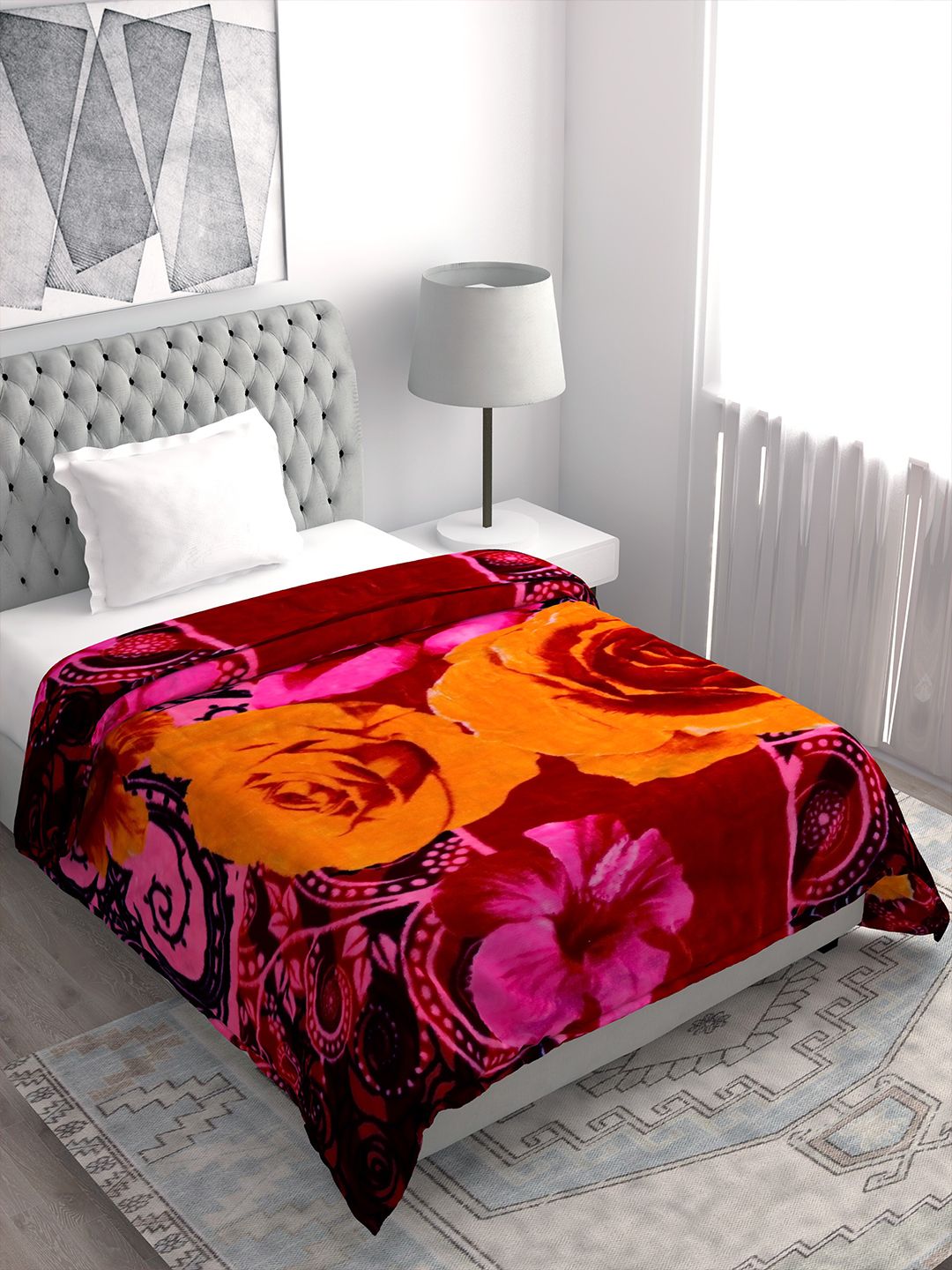 Spangle Yellow & Black Floral Microfiber Heavy Winter 450 GSM Single Bed Blanket Price in India