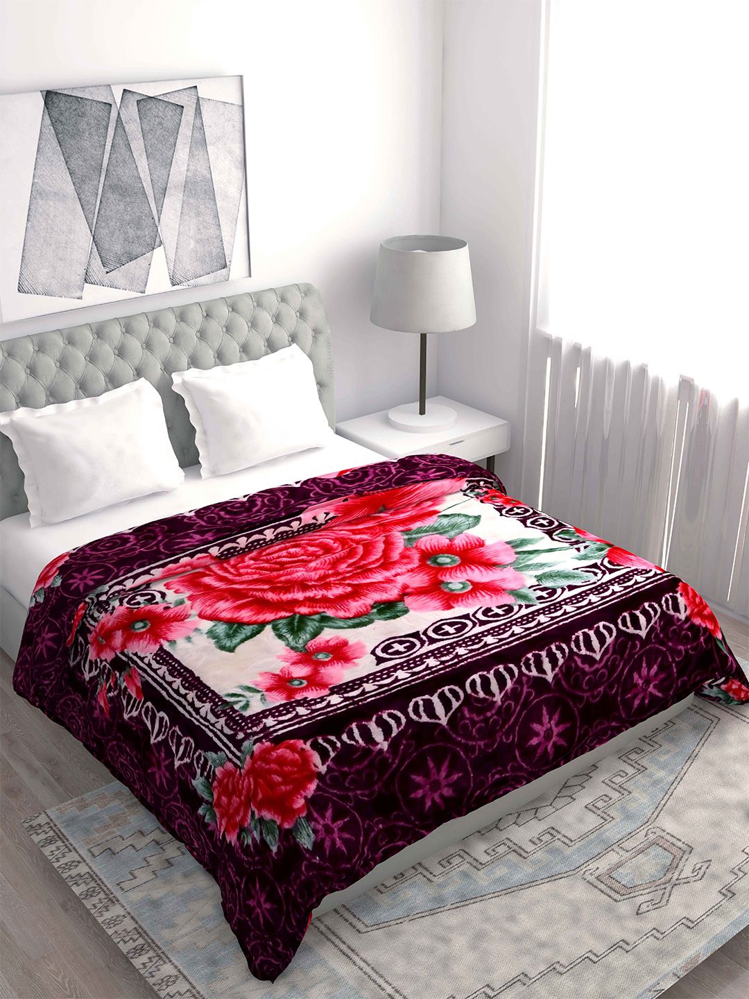 Spangle Purple & Pink Floral Microfiber Heavy Winter 500 GSM Double Bed Blanket Price in India