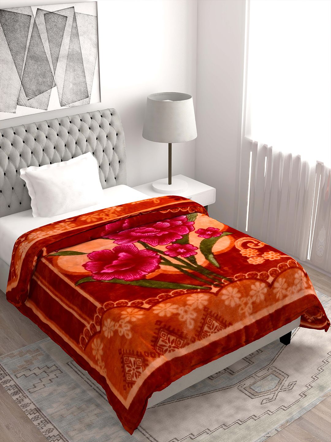 Spangle Gold-Toned & Red Floral Microfiber Heavy Winter 450 GSM Single Bed Blanket Price in India