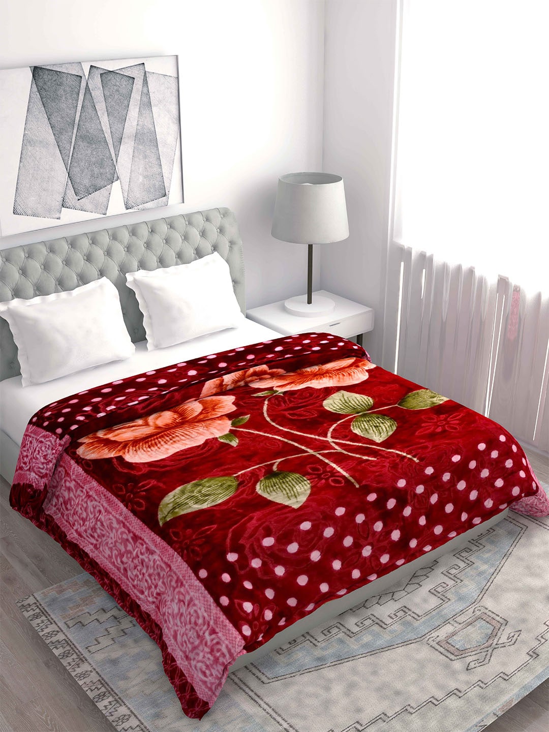 Spangle Maroon & Green Floral Microfiber Heavy Winter 500 GSM Double Bed Blanket Price in India