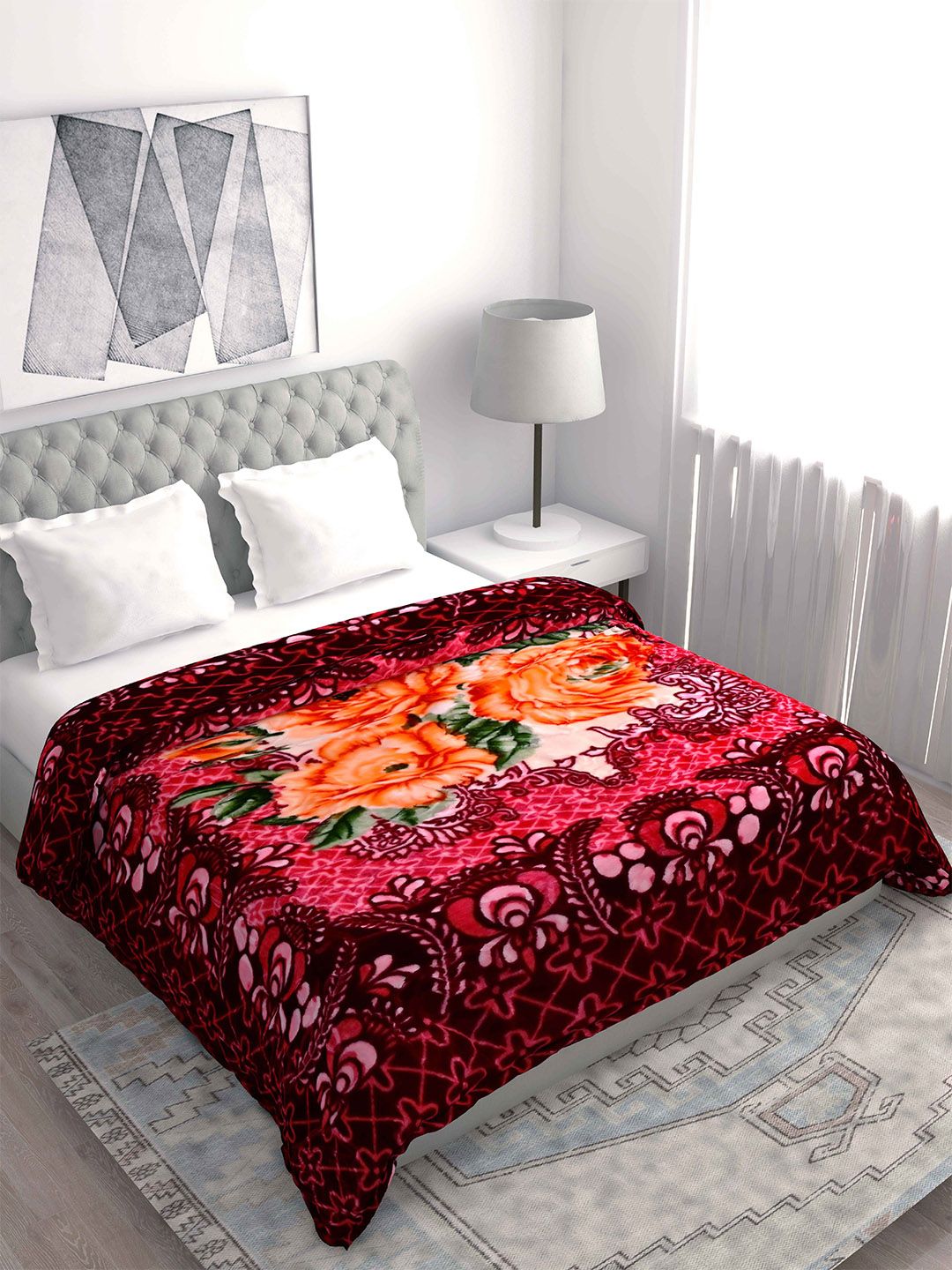 Spangle Magenta & Maroon Floral Microfiber Heavy Winter 500 GSM Double Bed Blanket Price in India