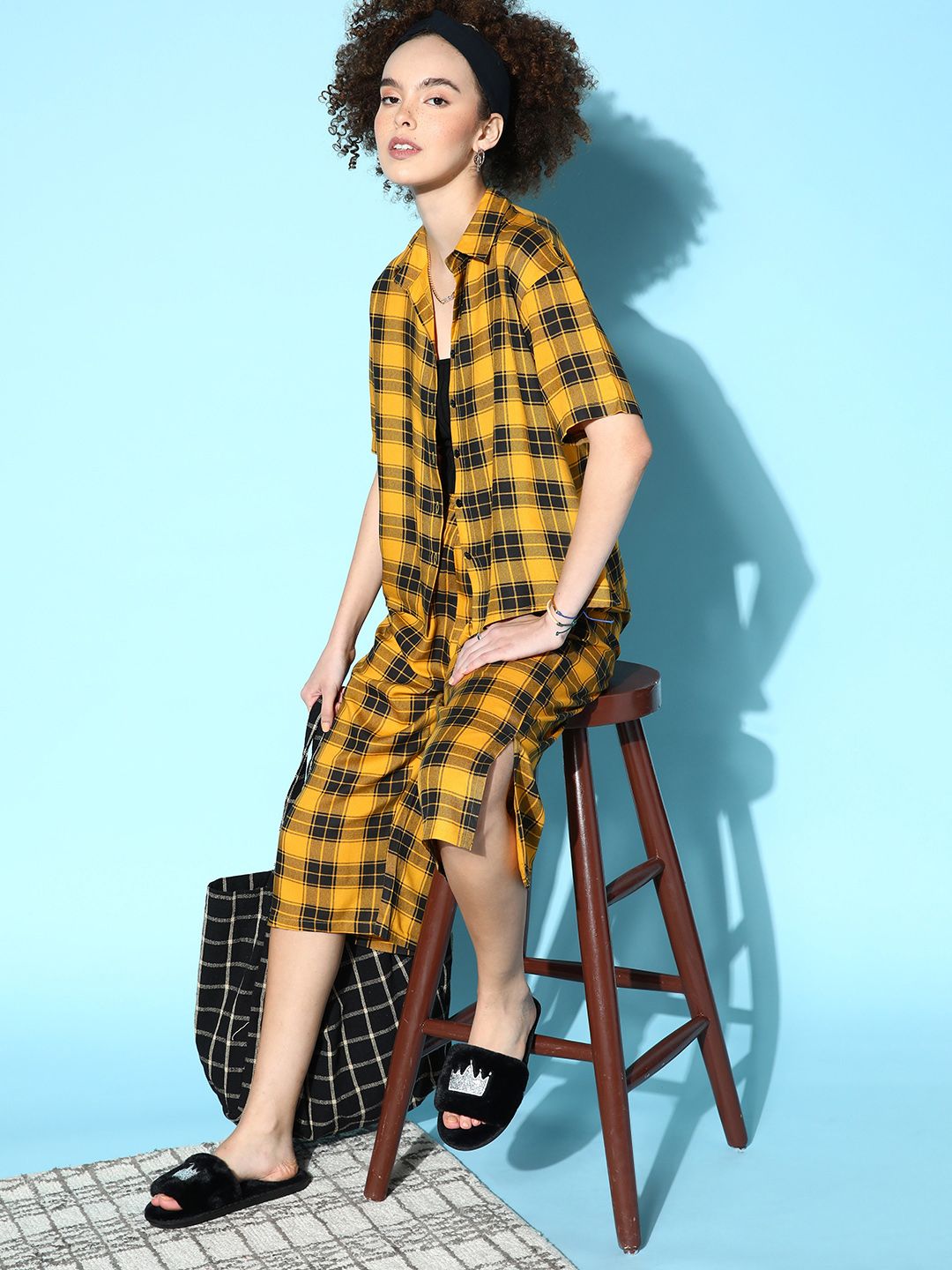 Katn India Women Mustard & Black Checked Night suit Price in India