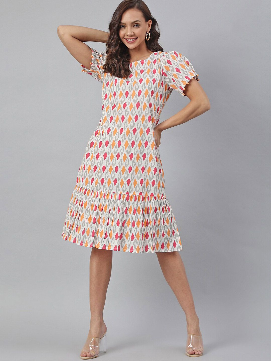 Janasya Women Off White Cotton Printed A-line Dress Price in India