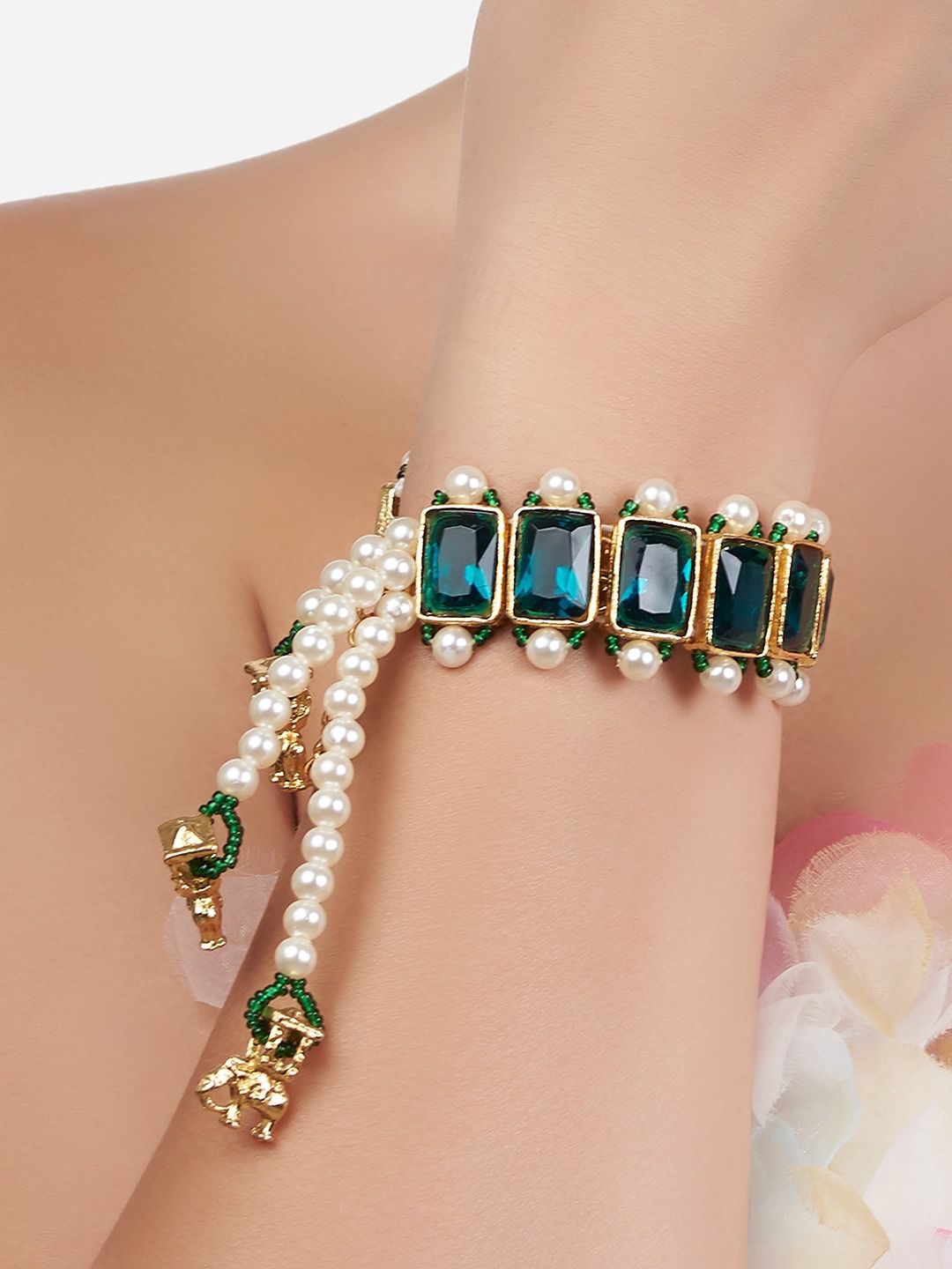 Zaveri Pearls Women Gold-Plated Green & White Bracelet Price in India