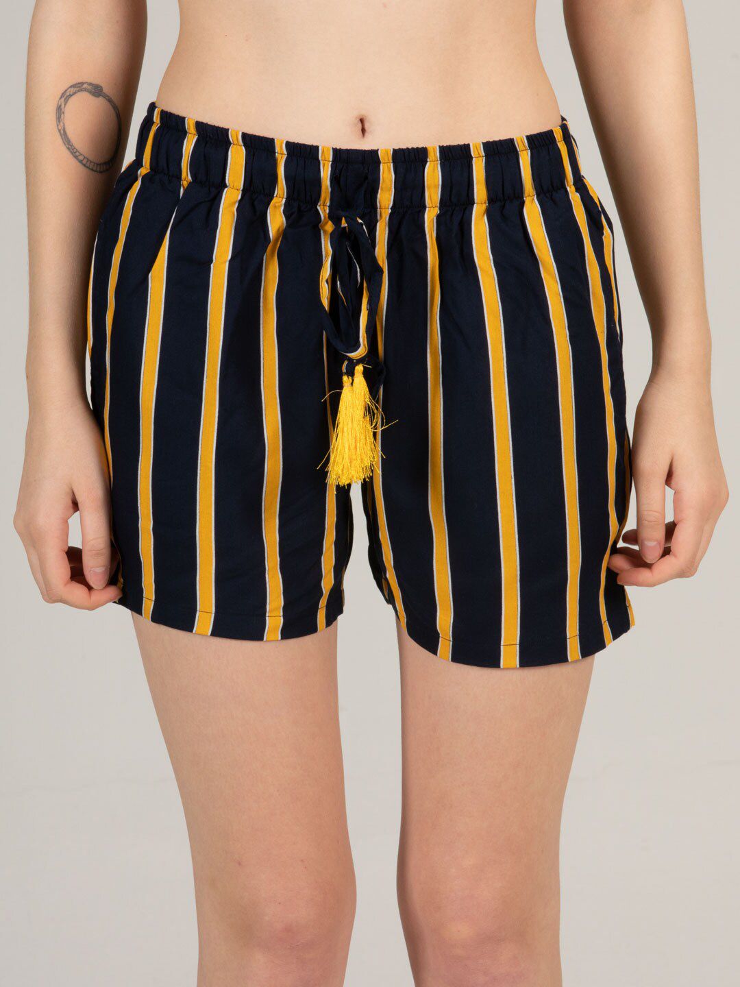 evolove Women Black & Mustard Yellow Striped Lounge Shorts Price in India