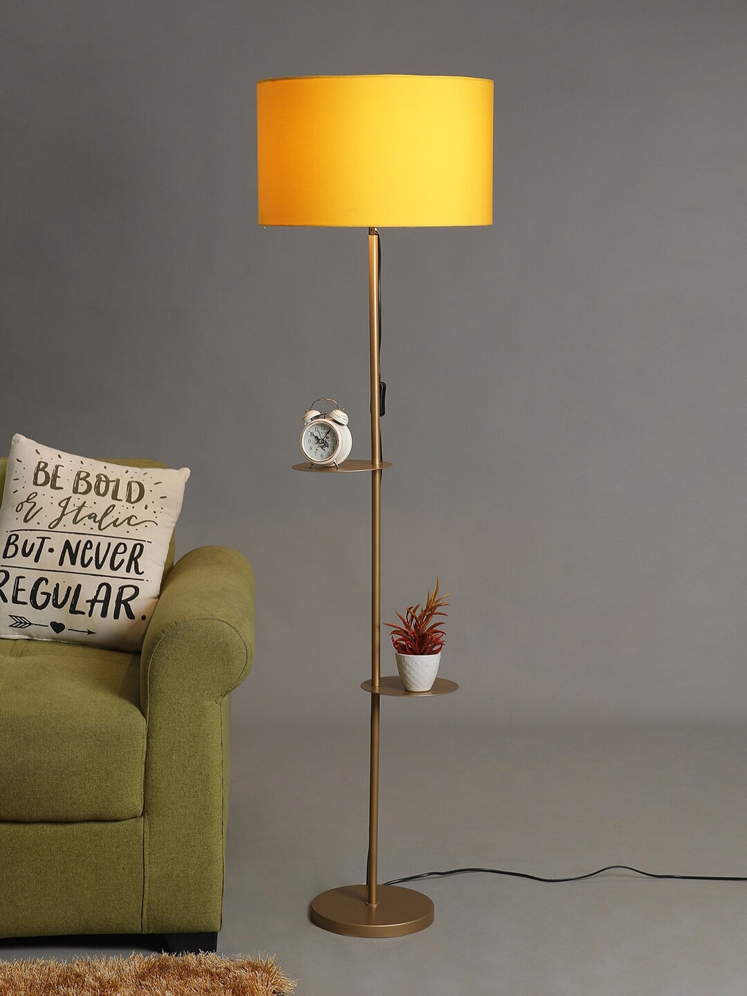 SANDED EDGE Yellow & Gold-Toned Cylindrical Shaped Metal Floor Lamp with Shade & Shelves Price in India