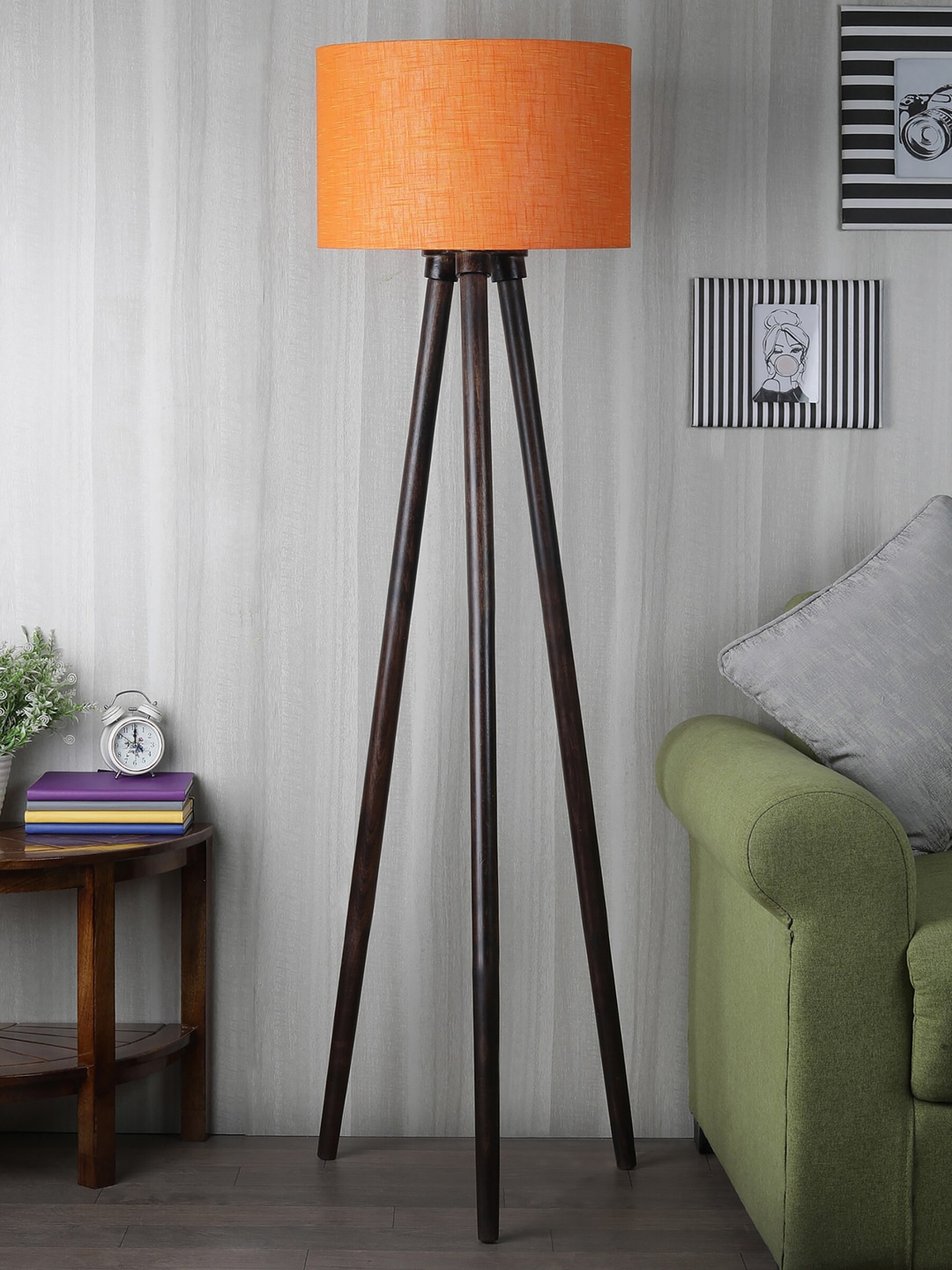SANDED EDGE Orange & Brown Cylindrical Shaped Wooden Floor Lamp with Shade Price in India