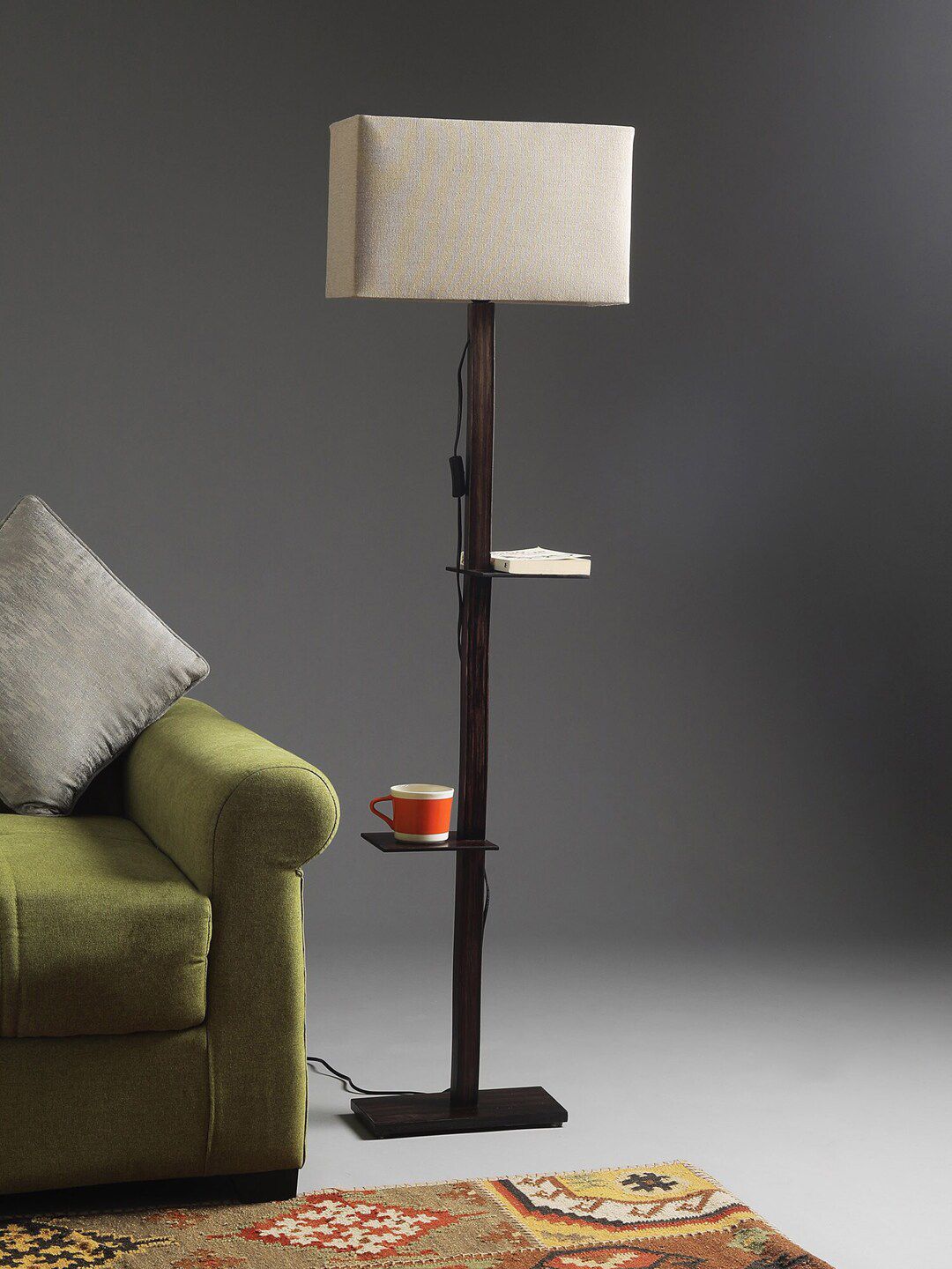 SANDED EDGE Elegant Beige Square 2 Tier Solid Wood Floor Lamp With Cotton Shade Price in India