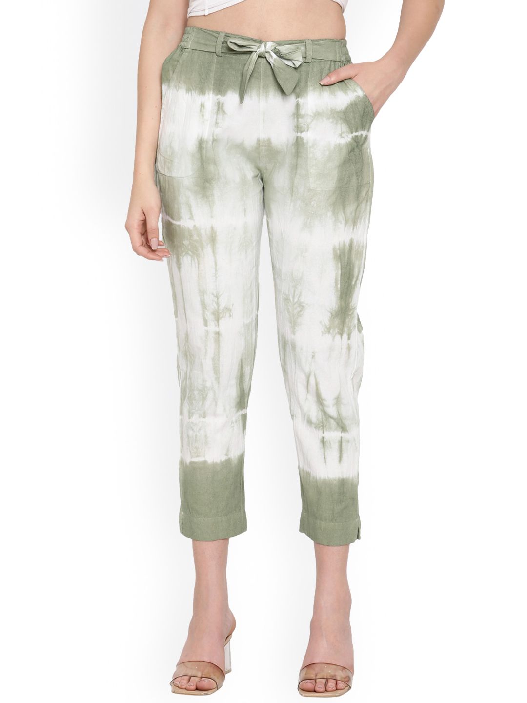 Aawari Women Green Tie and Dye Printed Relaxed Cotton High-Rise Trousers Price in India