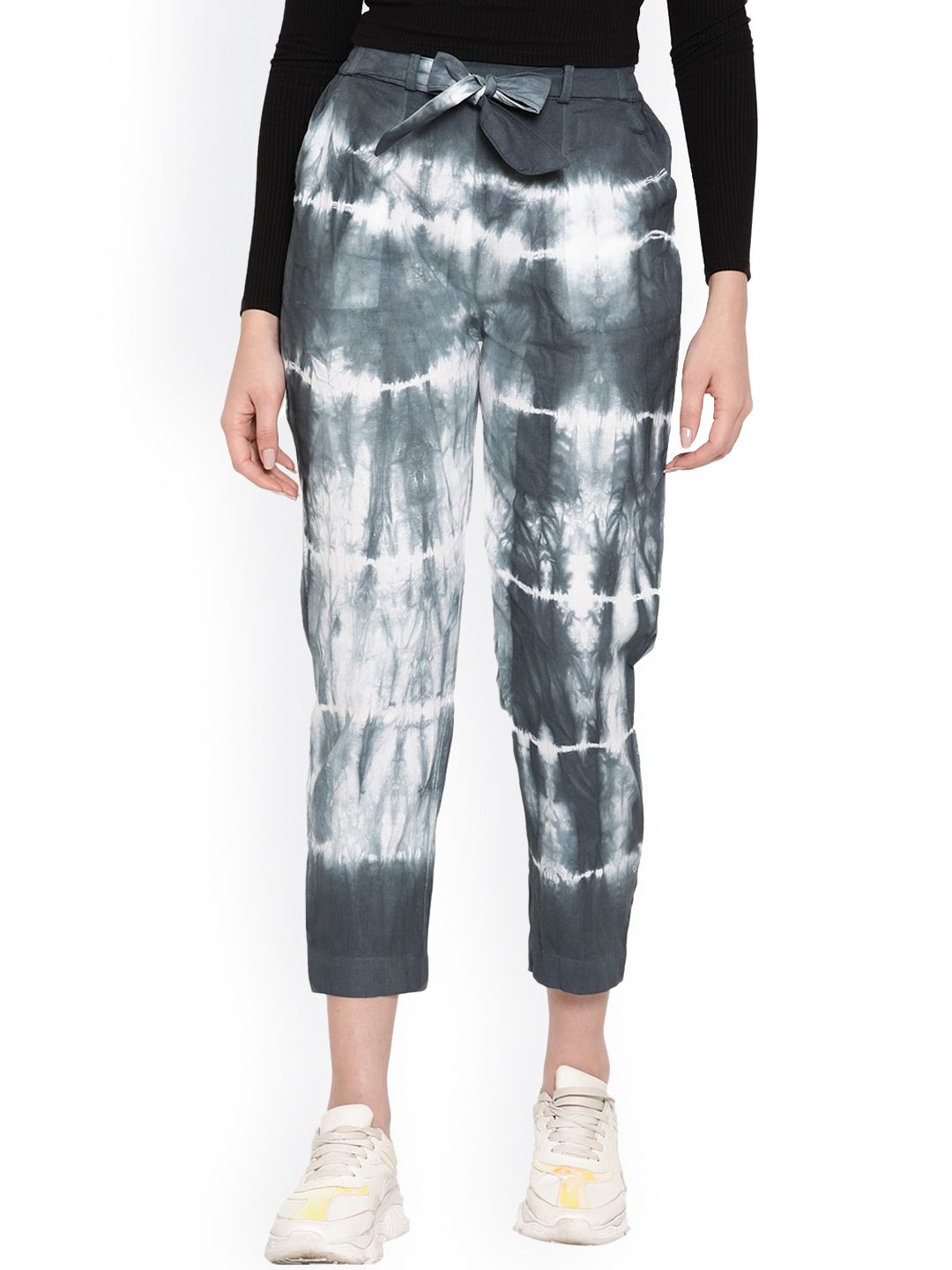 Aawari Women Grey Tie and Dye Printed Relaxed High-Rise Trousers Price in India