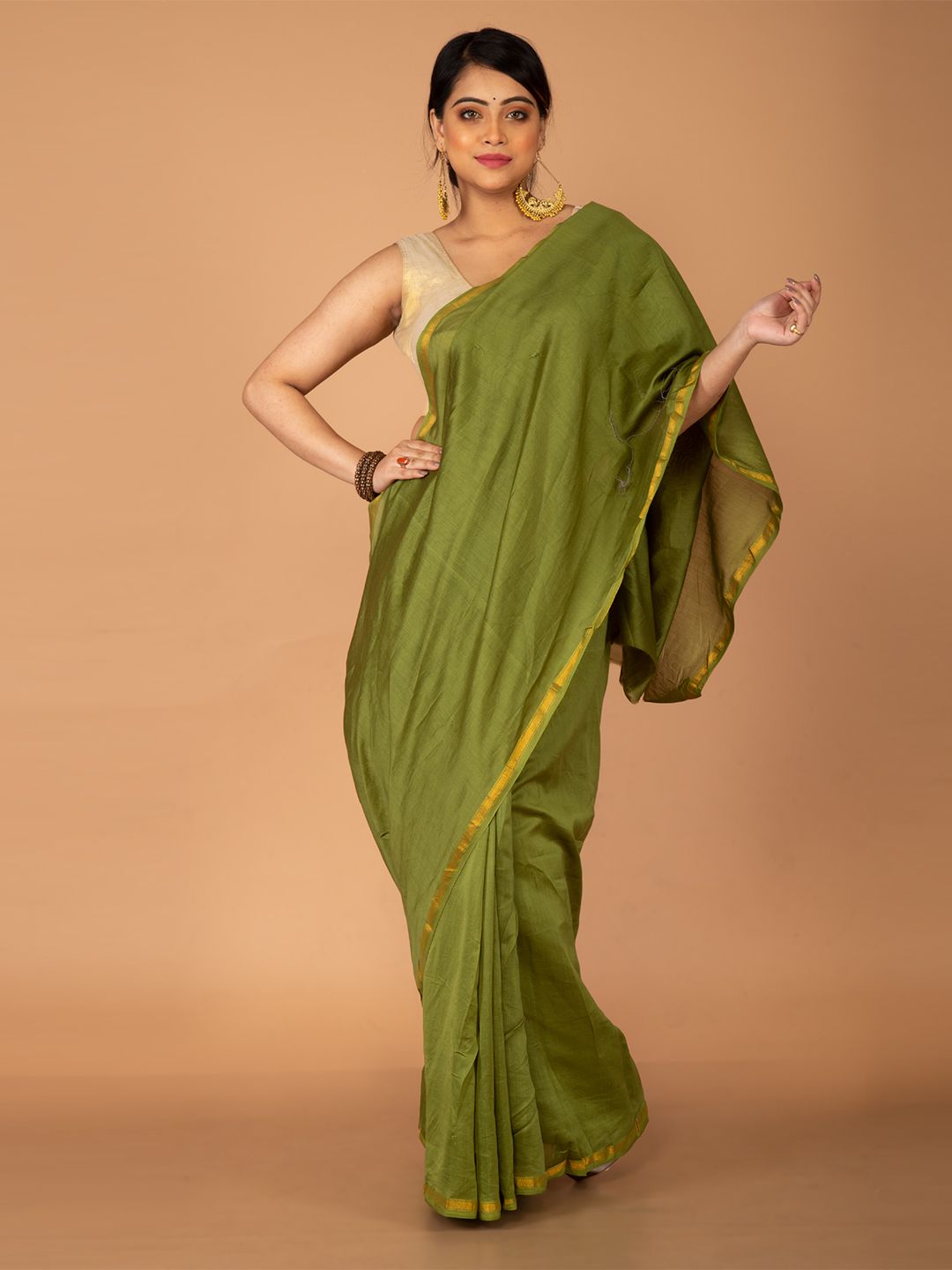 Unnati Silks Green & Golden Handloom Sustainable Zari Silk Cotton Chanderi Saree