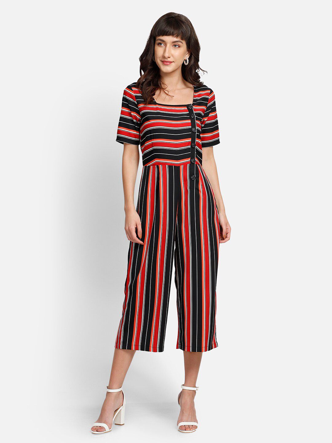 YOU FOREVER Women Black & Red Striped Basic Jumpsuit Price in India