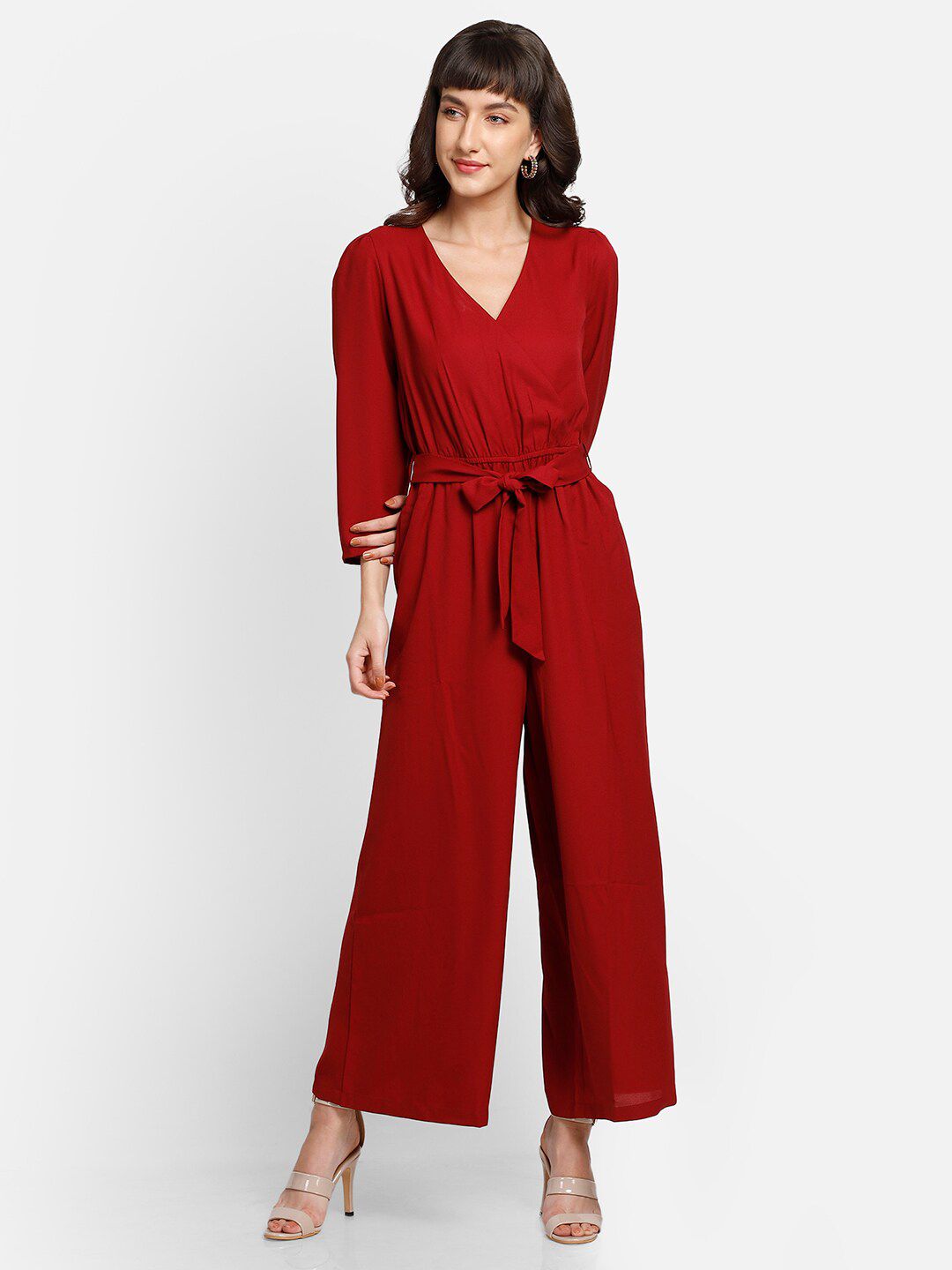 YOU FOREVER Maroon Wrap Belted Basic Jumpsuit Price in India