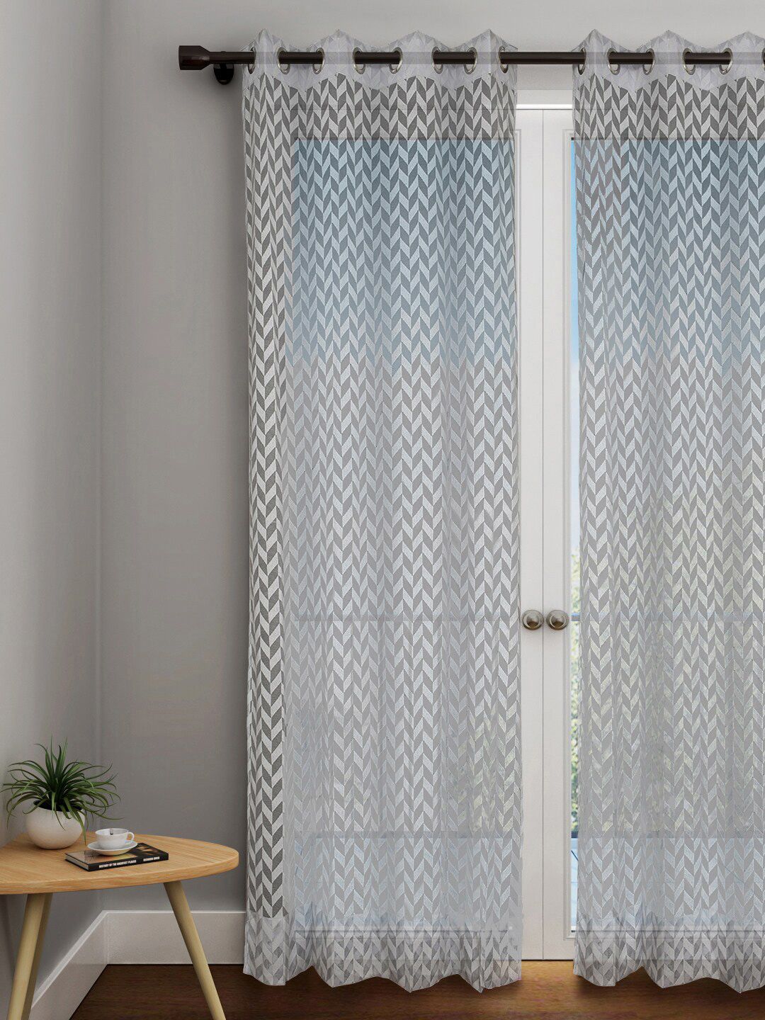 URBAN DREAM Grey & Off-White Geometric Sheer Cotton Door Curtain Price in India