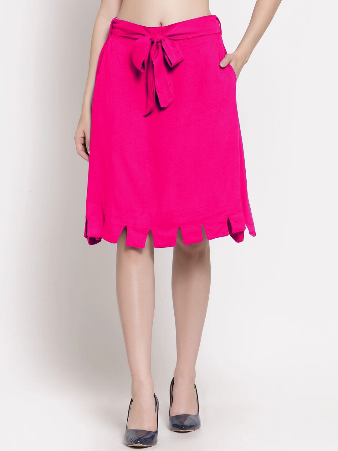 PATRORNA Women Fuchsia Solid Straight Knee Length Skirts