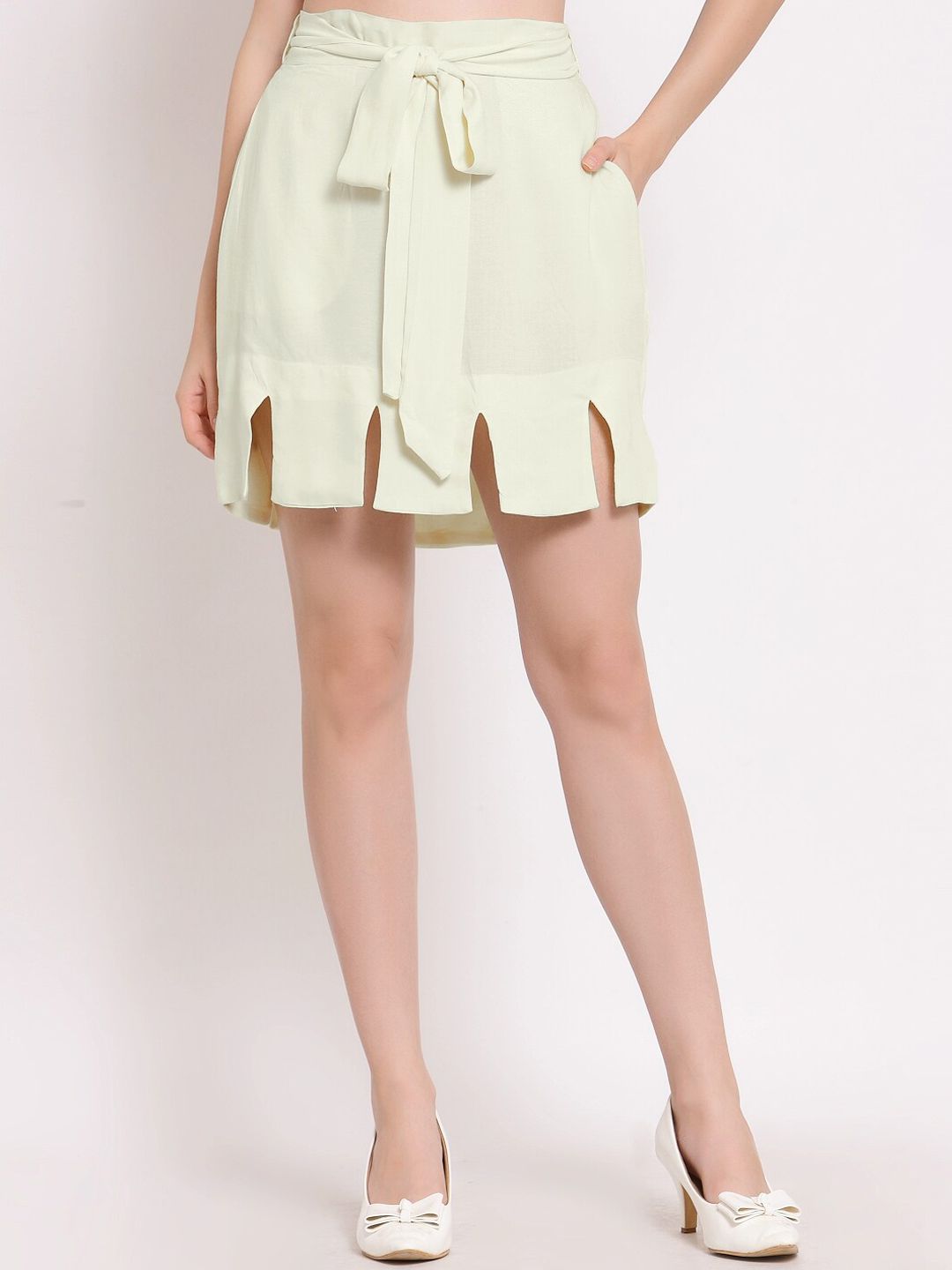 PATRORNA Women Off White Solid Straight Above Knee Skirts