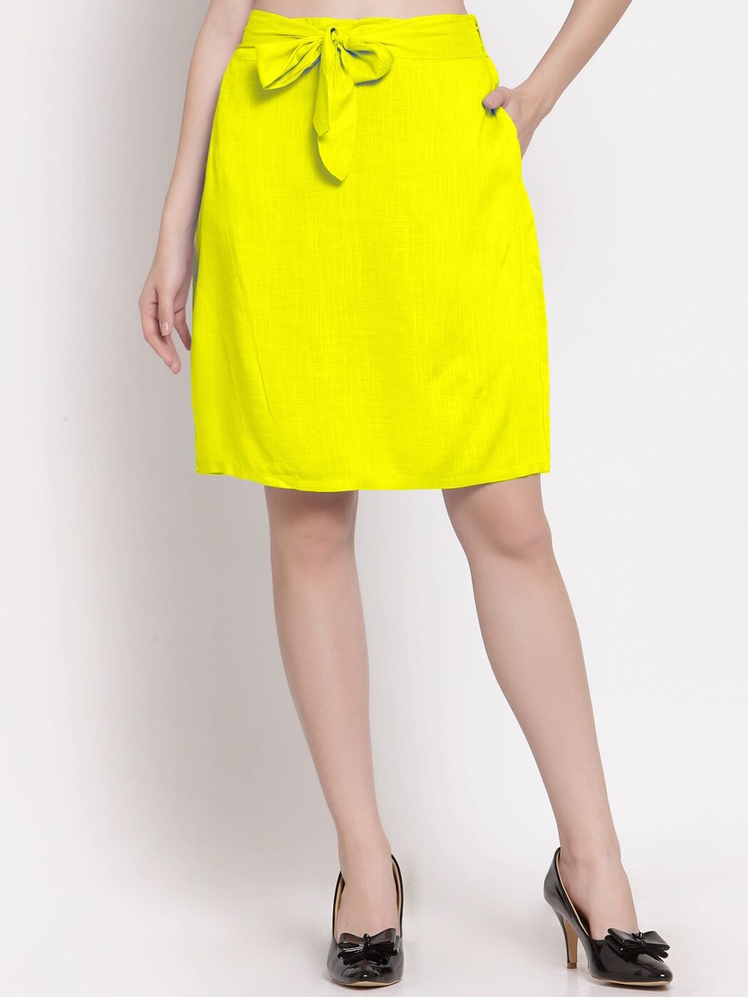 PATRORNA Women Yellow Solid Knee Length Straight Skirts