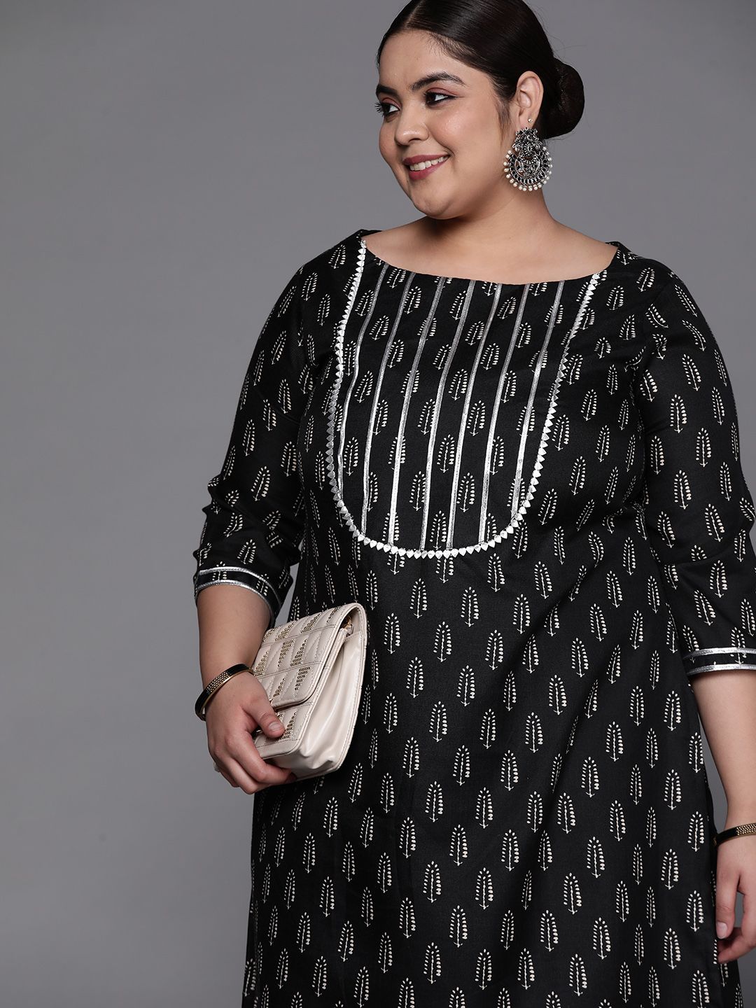 INDDUS PLUS Women Black Ethnic Motifs Printed Gotta Patti Kurta with Palazzos Price in India