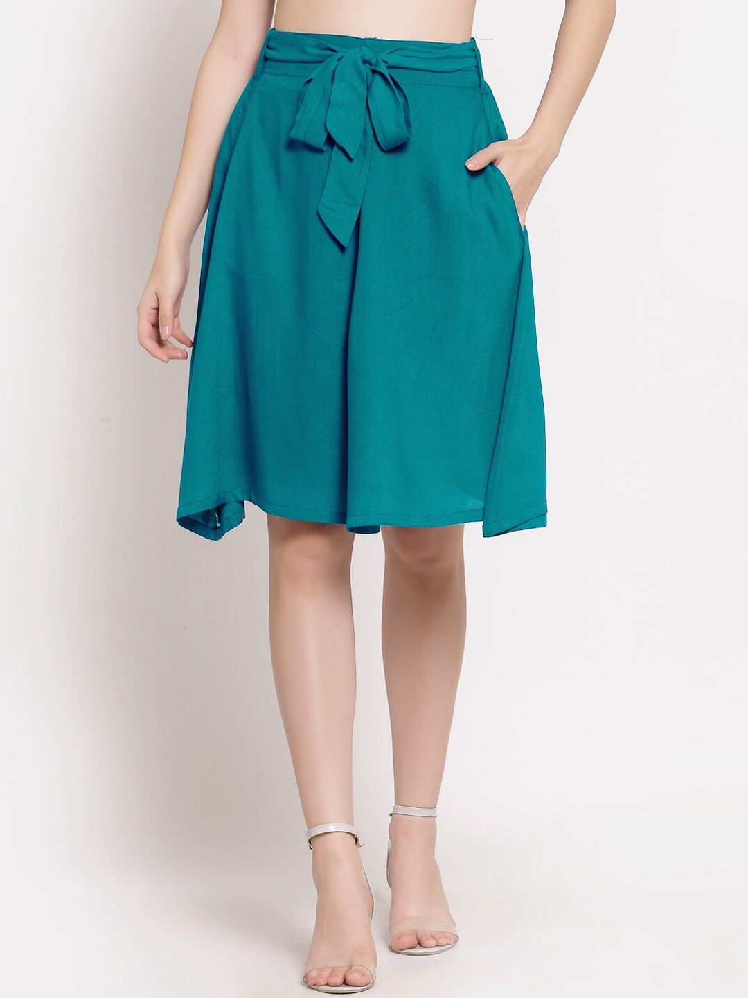 PATRORNA Women Sea Green A-Line Knee Length Skirts