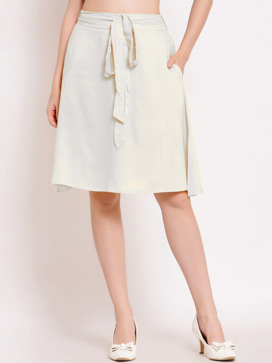 PATRORNA Women White Solid A-Line Knee-Length Skirts
