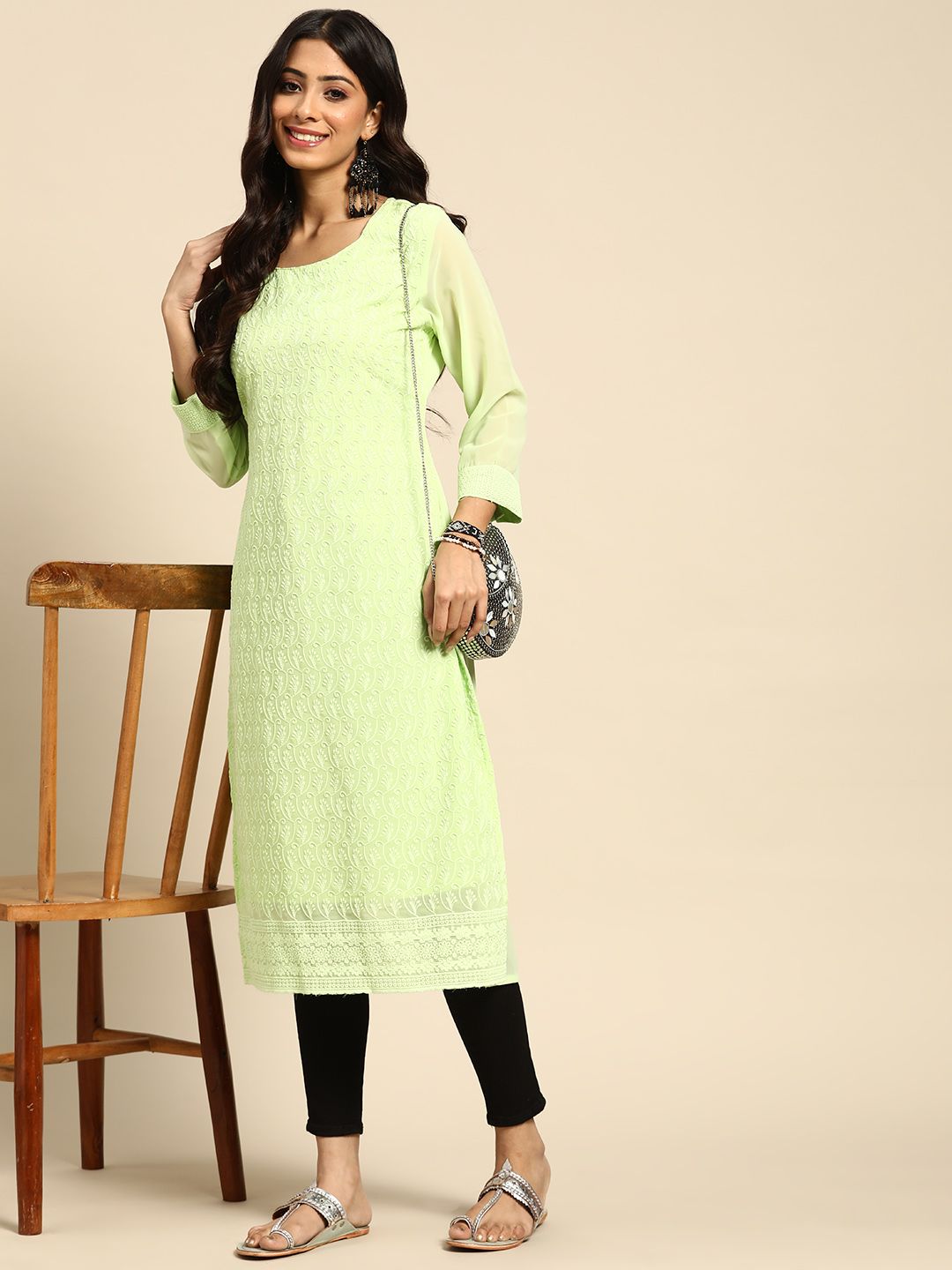 Sangria Women Lime Green Ethnic Motifs Embroidered Chikankari Georgette Kurta Price in India