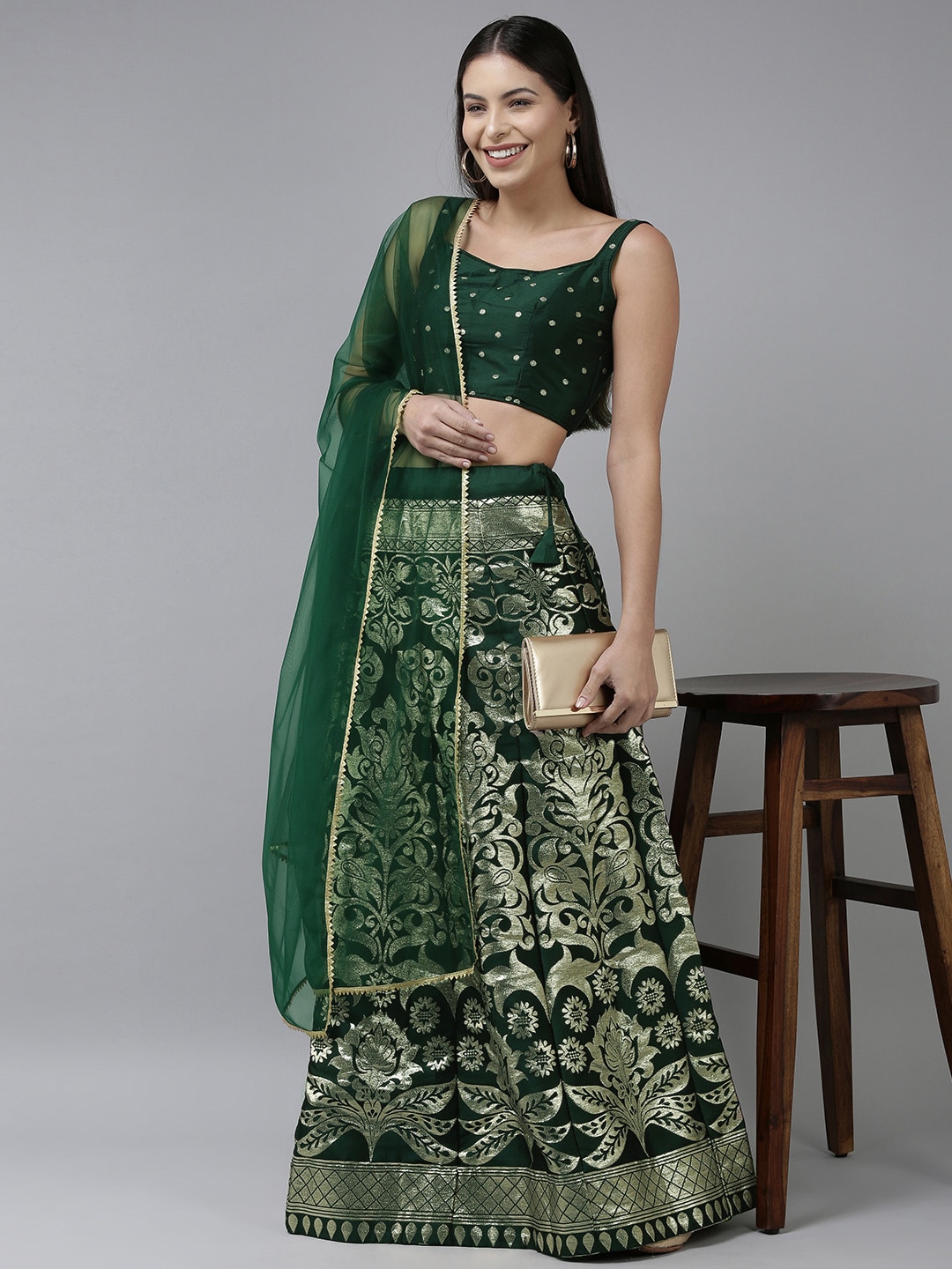 DIVASTRI Green & Gold-Toned Unstitched Lehenga & Blouse With Dupatta Price in India