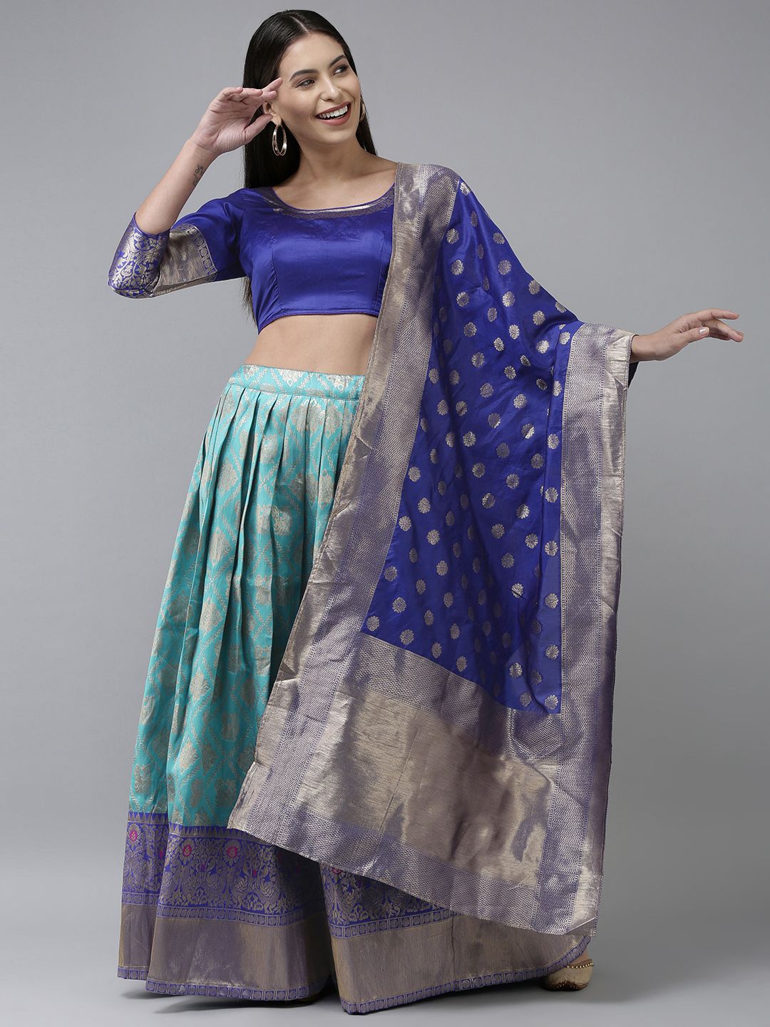 DIVASTRI Turquoise Blue & Silver-Toned Unstitched Lehenga & Blouse With Dupatta Price in India