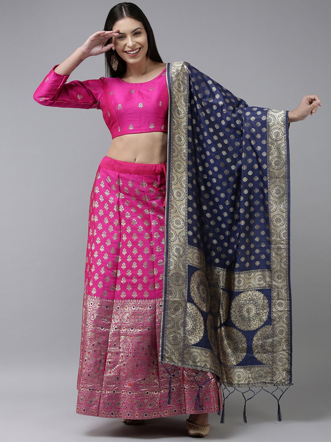 DIVASTRI Pink & Gold-Toned Unstitched Lehenga & Blouse With Dupatta Price in India