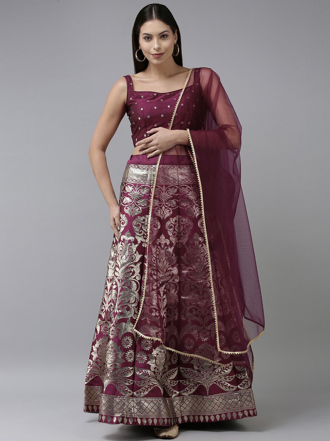 DIVASTRI Purple & Silver-Toned Unstitched Lehenga & Blouse With Dupatta Price in India