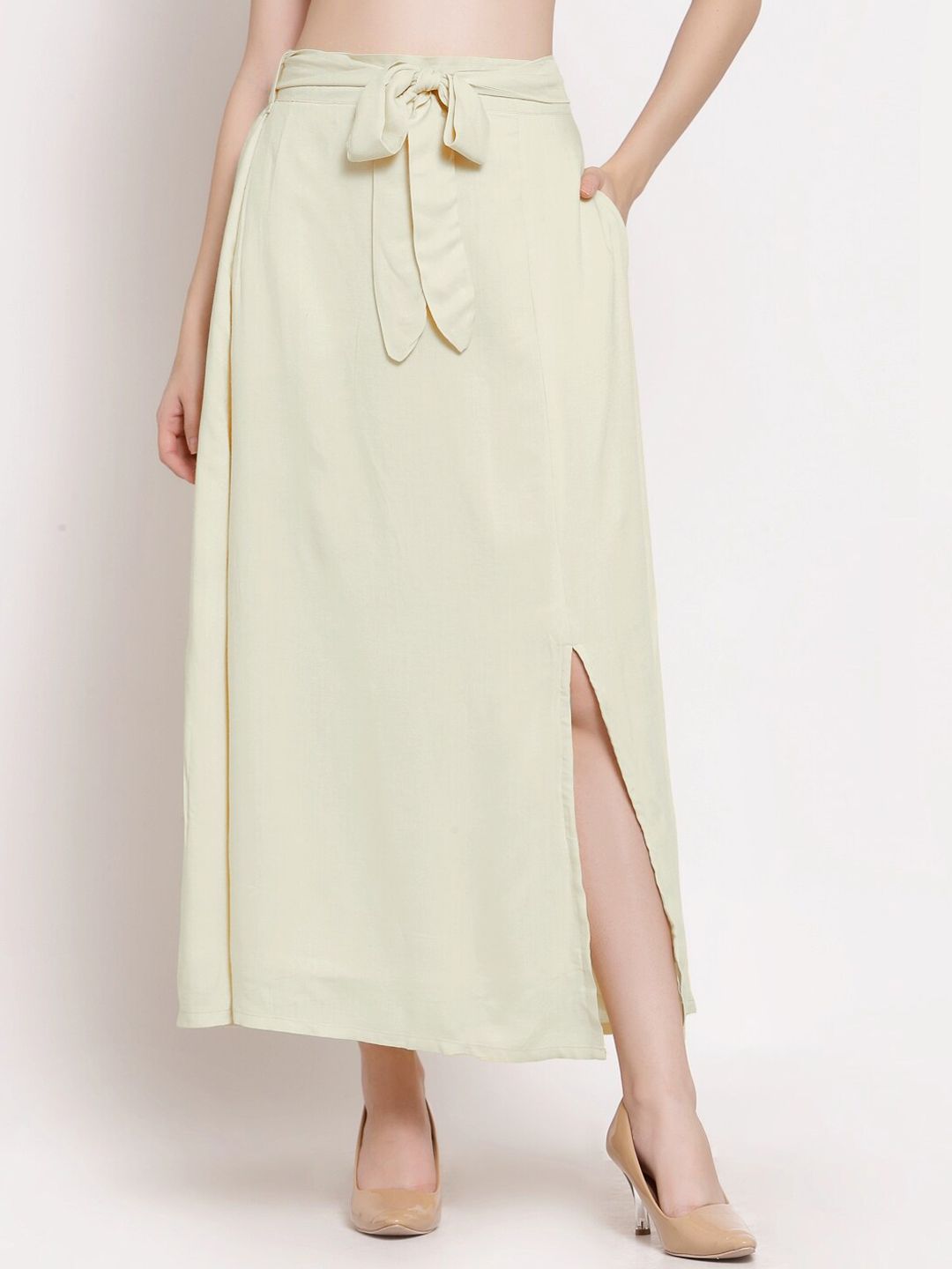 PATRORNA Women Off White Solid Long Tulip Maxi Skirt
