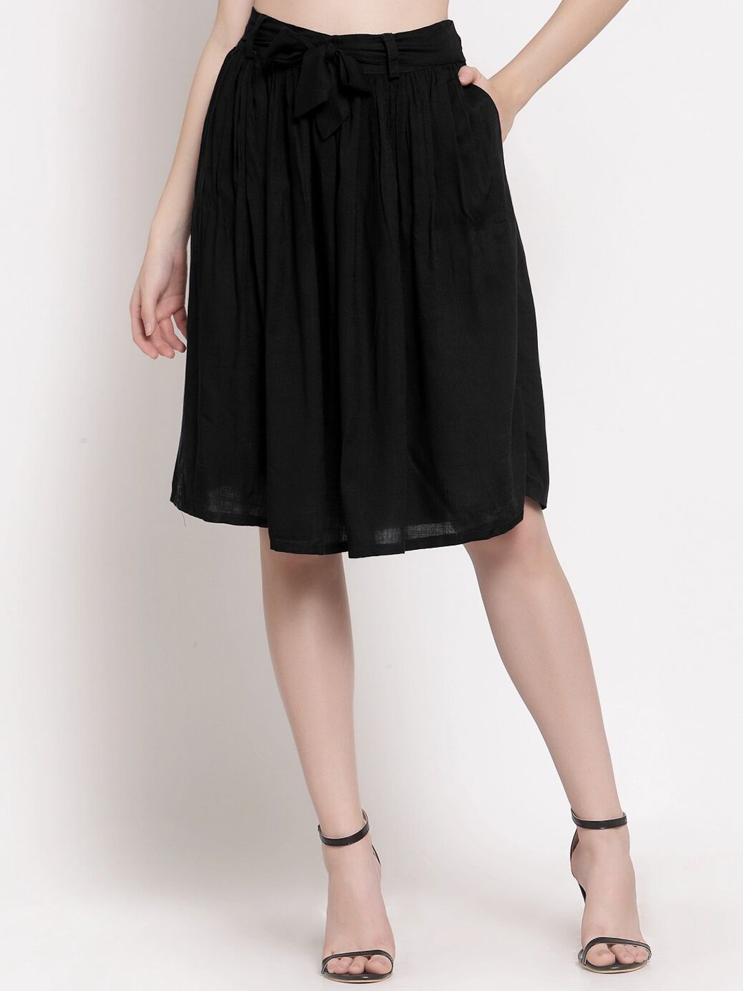 PATRORNA Women Black Solid A-Line Knee-Length Skirt