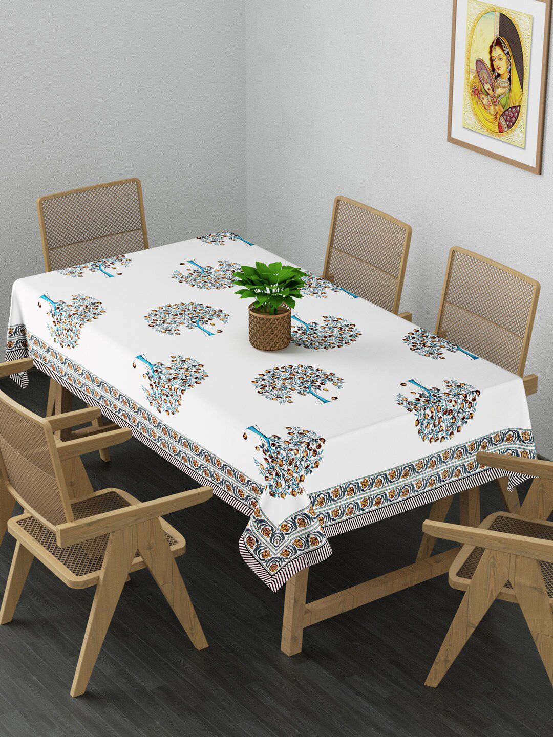 Gulaab Jaipur White & Blue Printed Cotton Rectangle Table Cloth Price in India