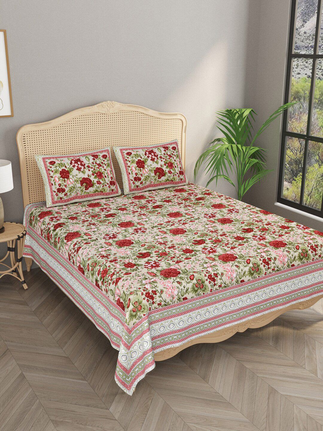 Gulaab Jaipur Maroon & Green Floral 400 TC King Bedsheet with 2 Pillow Covers Price in India
