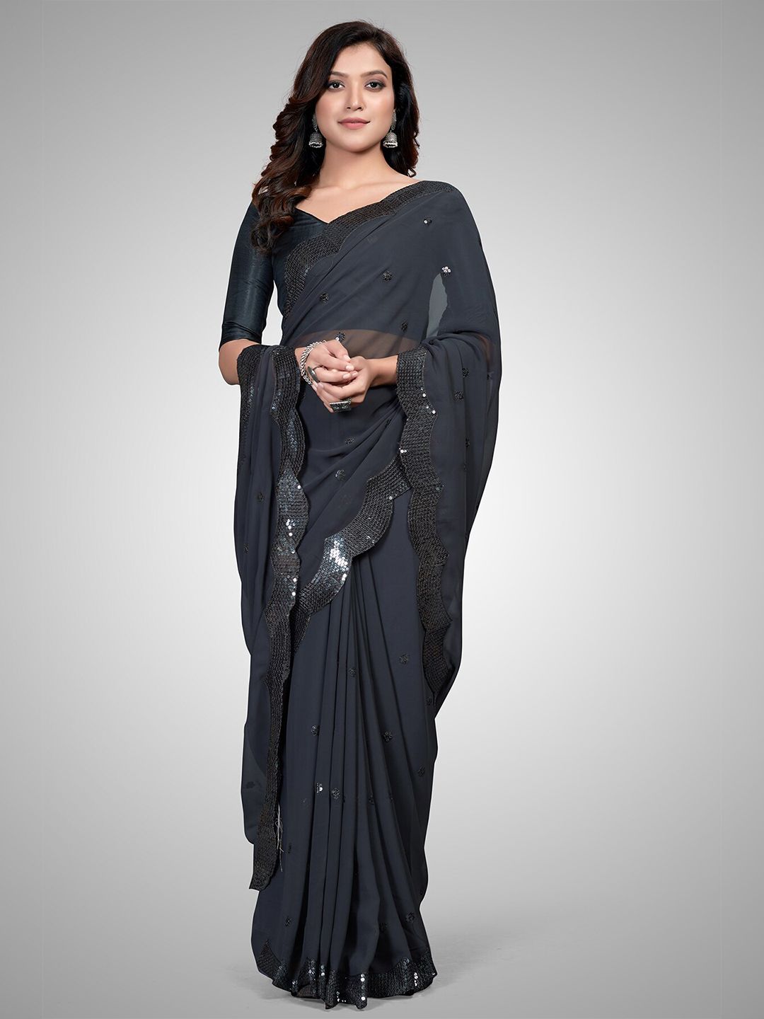 Mitera Grey Embellished Sequinned Pure Georgette Ready to Wear Saree Price in India